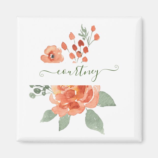 Orangefarbene Aquarellblumen personalisiert Magnet (Vorne)