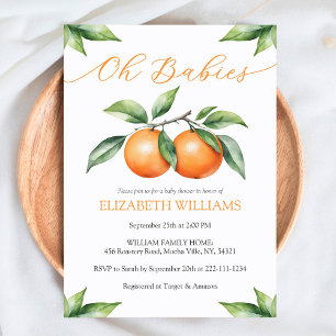 Orangefarbene Babydusche Einladung für Zwillinge