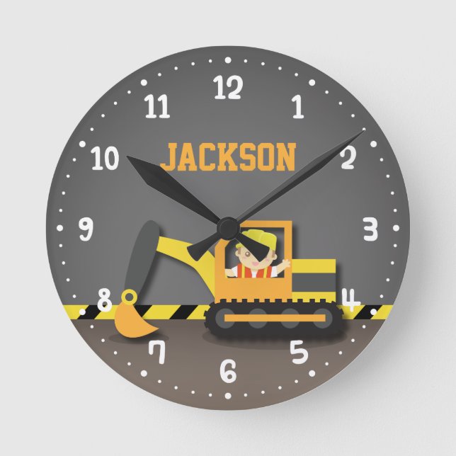 Orangefarbene Baggerbaukästen Zimmerdekor Runde Wanduhr (Vorderseite)