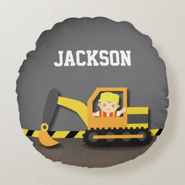 Orangefarbene Baggerbaukästen Zimmerdekor Rundes Kissen (Vorderseite)