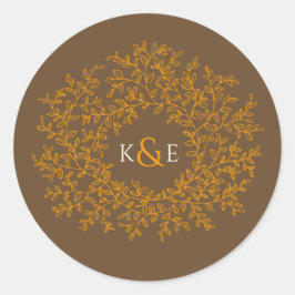 Orangefarbene Blätter auf brauner Hochzeitmonogram Runder Aufkleber