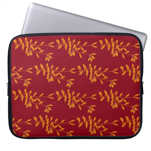 Orangefarbene Blätter der Silhouette auf rot Laptopschutzhülle (Vorderseite)