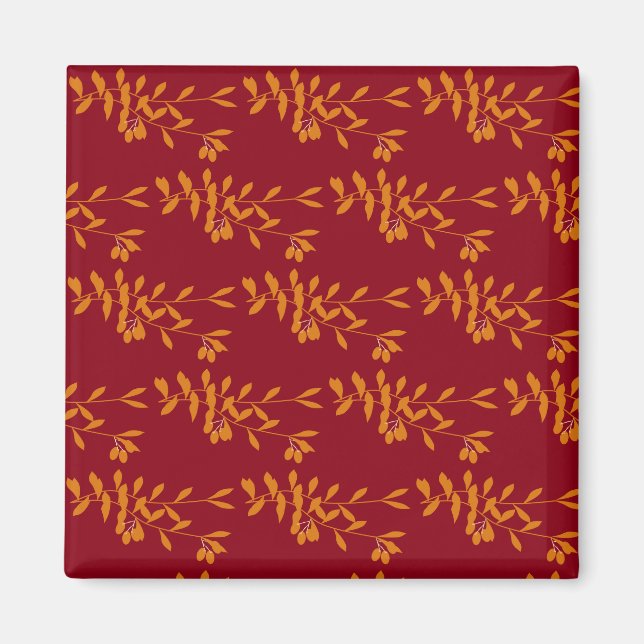 Orangefarbene Blätter der Silhouette auf rot Magnet (Vorne)