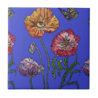 Orangefarbene blaue Mohnblume Keramik Tile