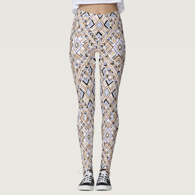 Orangefarbene/blaue Multi-Pattern Frauen Leggings (Vorderseite)