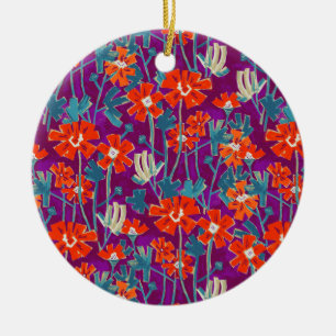 Orangefarbene Blume auf lila Kissen Keramik Ornament