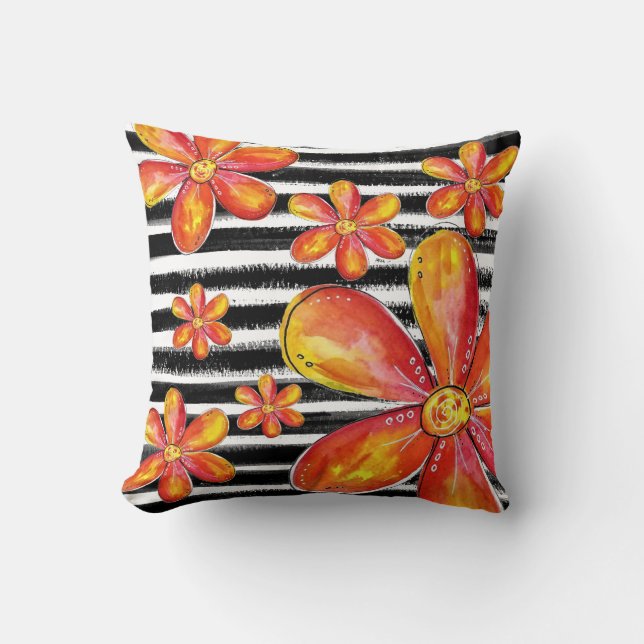 Orangefarbene Blume auf schwarzen Streifen Kissen (Vorderseite)