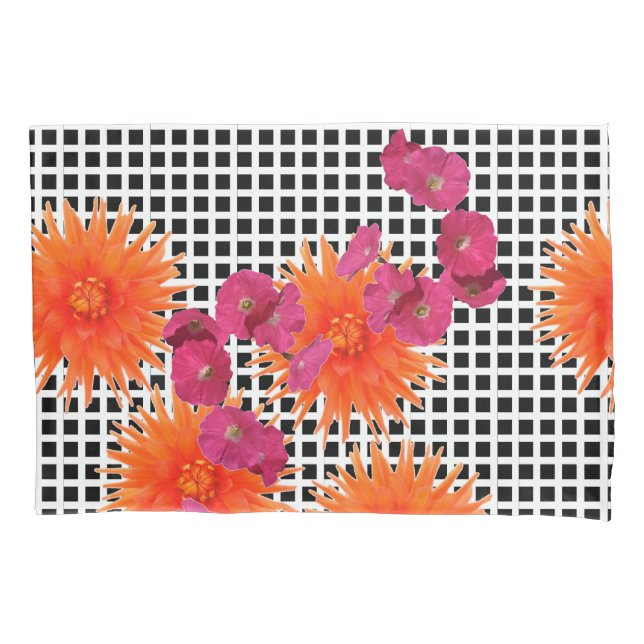 Orangefarbene Blume B/W Karo Paare von Pillowcases Kissenbezug (Vorderseite-Links)