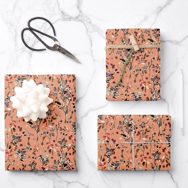Orangefarbene Blume Blätter Berries Wasserfarbene  (Orange Flowers Leaves Berries Watercolor Floral Wrapping Paper Sheets from Studio Posies. )