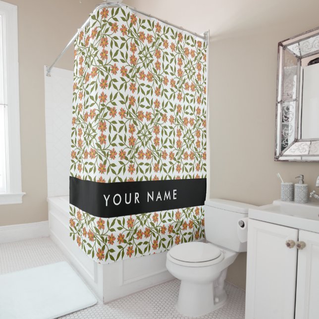 Orangefarbene Blume, Blumenmuster, Boho, Ihr Name Duschvorhang (Beispiel)