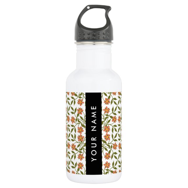 Orangefarbene Blume, Blumenmuster, Boho, Ihr Name Edelstahlflasche (Vorderseite)