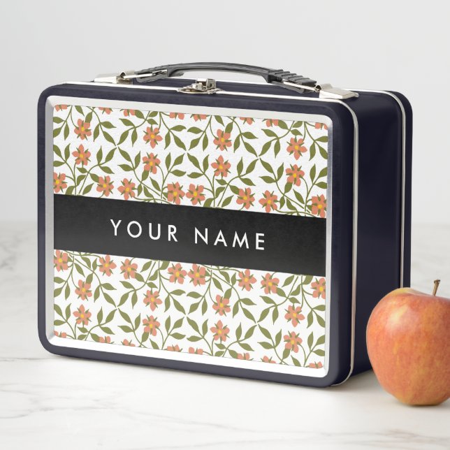 Orangefarbene Blume, Blumenmuster, Boho, Ihr Name Metall Brotdose (Beispiel)