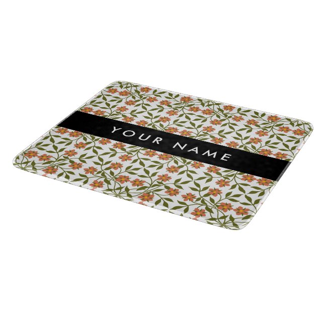 Orangefarbene Blume, Blumenmuster, Boho, Ihr Name Schneidebrett (Ecke)