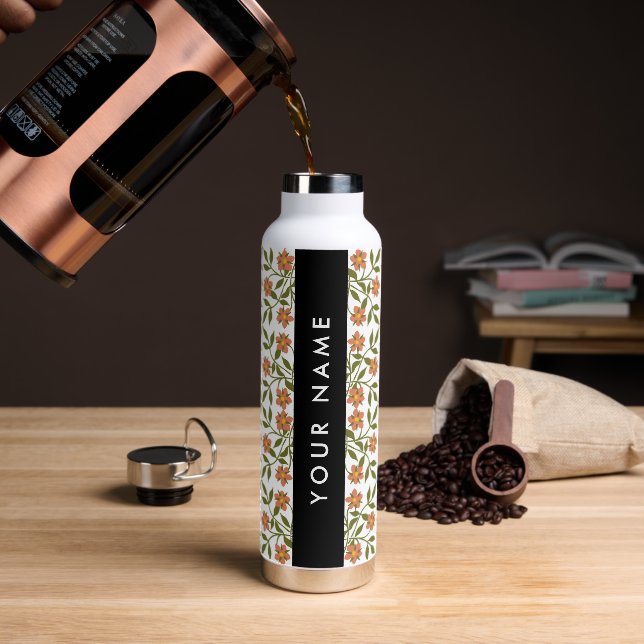 Orangefarbene Blume, Blumenmuster, Boho, Ihr Name Trinkflasche (Kaffee)