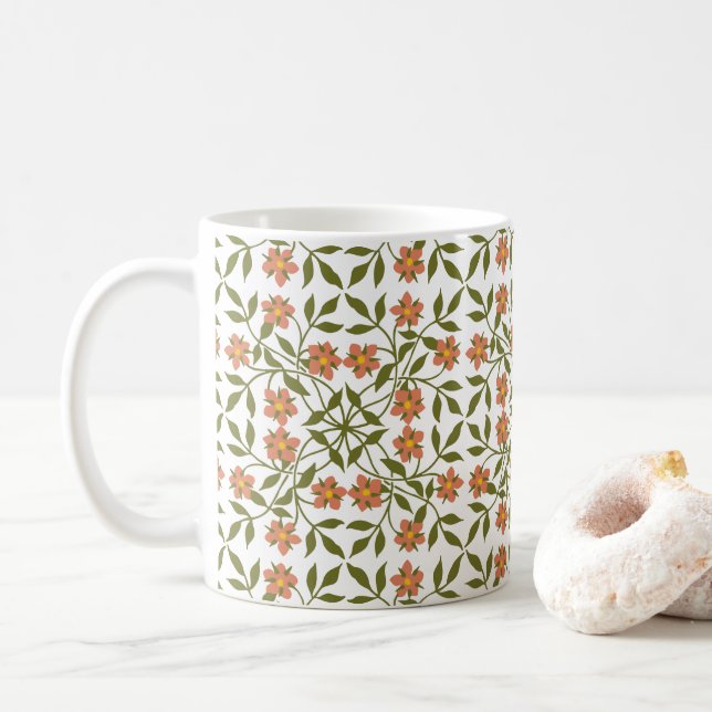 Orangefarbene Blume, Blumenmuster, Grünpflanzen, B Kaffeetasse (Mit Donut)