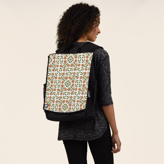 Orangefarbene Blume, Blumenmuster, Grünpflanzen, B Rucksack (Ausgewaschen)