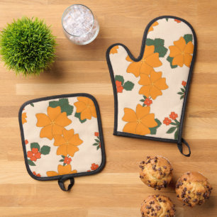 Orangefarbene Blume, Blumenmuster, Muster von Blum Ofenhandschuh & Topflappen-Set