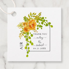 Orangefarbene Blume, Bogen und Monogramm-Hochzeit Geschenkanhänger