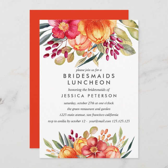 Orangefarbene Blume Bridesmaids Luncheon Hochzeit Einladung (Vorne/Hinten)