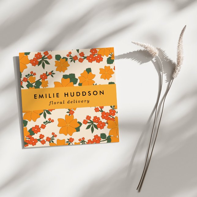 Orangefarbene Blume, Grünpflanzen, Florist, Blume  Quadratische Visitenkarte (Von Creator hochgeladen)