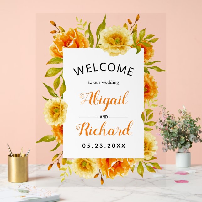 Orangefarbene Blume Hochzeitsempfang Acrylschild (Hochzeit)