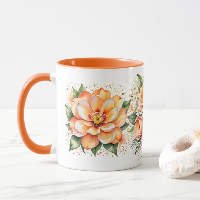 Orangefarbene Blume Kaffeemaschine Tasse (Mit Donut)