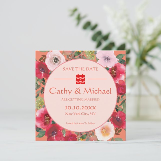 Orangefarbene Blume mit Blumenkranz Chinesische Ho Save The Date (Stehend Vorderseite)