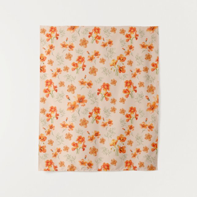 Orangefarbene Blume mit grünen Blätter Wandteppich (Vorderseite)