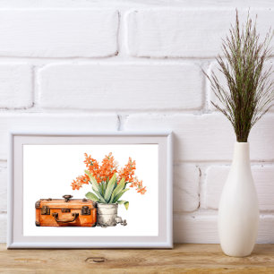 Orangefarbene Blume mit Vintagem Koffer Poster