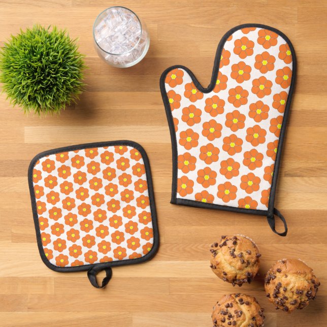 Orangefarbene Blume Ofenhandschuh & Topflappen-Set (Oben Unten)