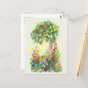 Orangefarbene Blume und Aquarellbilder Postkarte