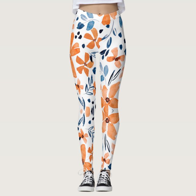 Orangefarbene Blume und blaues Blätter Leggings (Vorderseite)