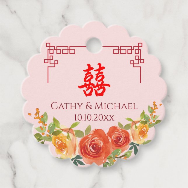 Orangefarbene Blumen Chinesischer Rahmen Frühjahrs Geschenkanhänger (Vorderseite)