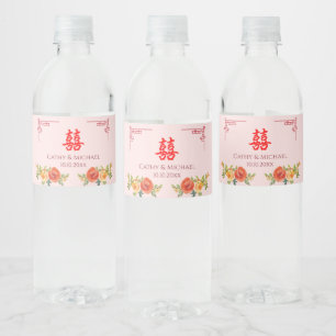 Orangefarbene Blumen Chinesischer Rahmen Frühjahrs Wasserflaschenetikett