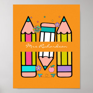 Orangefarbene bunte Cartoon-Bleistift-Lehrerin Pos Poster