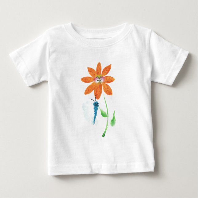 Orangefarbene Cartoon Blume mit Gesichtshaut Baby T-shirt (Vorderseite)