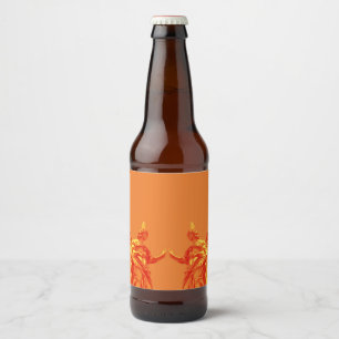 Orangefarbene digitale Kunst mit Skulpturen Bierflaschenetikett