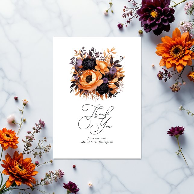 Orangefarbene, dunkle Lila und schwarze Blütenhoch Dankeskarte (Burnt Orange, Dark Purple and Black Floral Wedding Thank You Card)