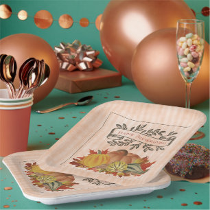 Orangefarbene Erntedank Pumpkins und Squash Pappteller