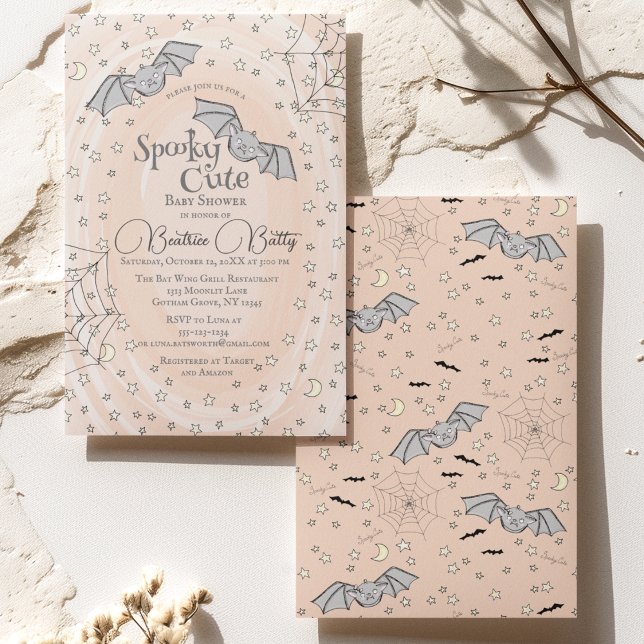 Orangefarbene Fledermäuse Niedliche Kinderdusche Einladung (Spooky Cute Baby Bats Halloween Baby Shower Orange Invite. Adorable Baby Bats Flying, Stars, Webs)