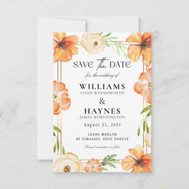 Orangefarbene Florale Save-the-Date-Karte Save The Date (Vorderseite)