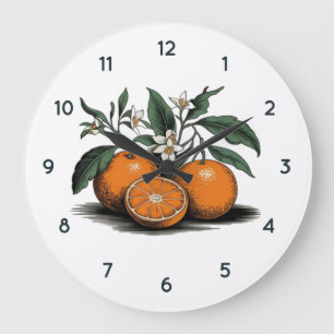 Orangefarbene Fruchtuhr mit schwarzen Zahlen Große Wanduhr