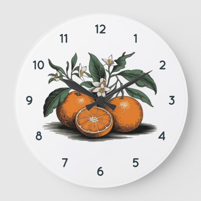 Orangefarbene Fruchtuhr mit schwarzen Zahlen Große Wanduhr (Vorderseite)