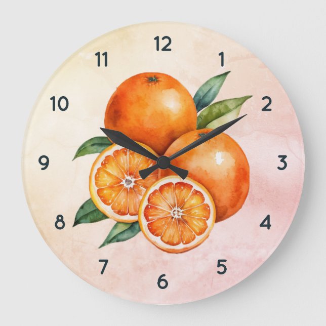 Orangefarbene Fruchtuhr mit schwarzen Zahlen Große Wanduhr (Vorderseite)