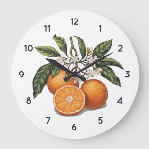 Orangefarbene Fruchtuhr mit schwarzen Zahlen Große Wanduhr