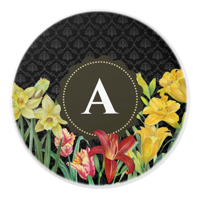 Orangefarbene gelbe Frühlingsblumen Damask Keramikknauf (Vorderseite)