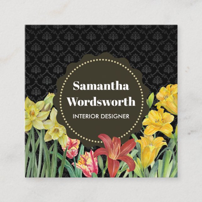 Orangefarbene gelbe Frühlingsblumen Damask Quadratische Visitenkarte (Vorderseite)