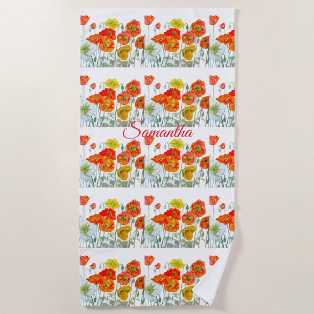 Orangefarbene, gelbe Mohnblume Strandtuch (Vorderseite)