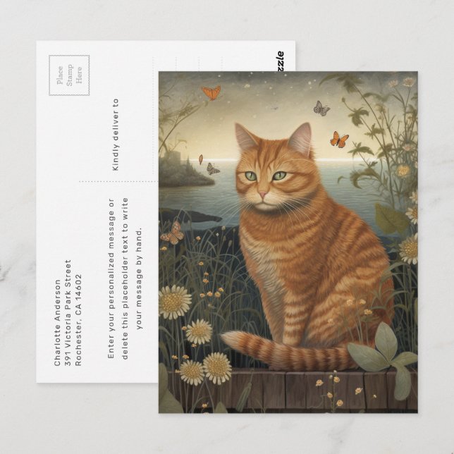 Orangefarbene getigerte Katze am Meer Postkarte (Vorne/Hinten)