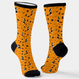 Orangefarbene Halloween-Socken mit Hexen und schwa Socken